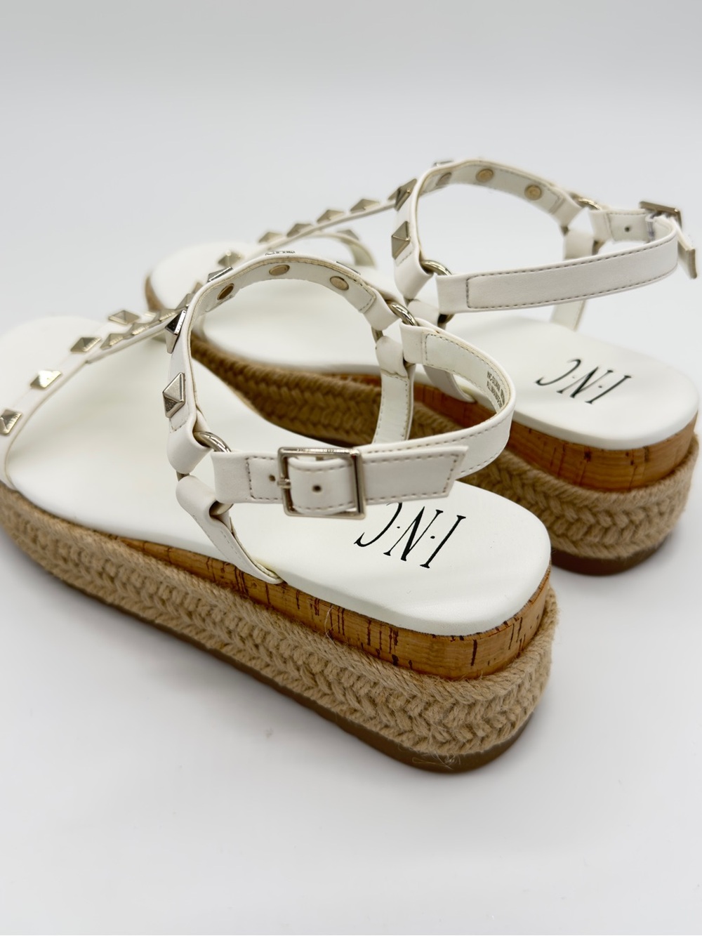 INC International Concepts White Studded T‑Strap Espadrille Wedge Sandals - Picture 3 of 5